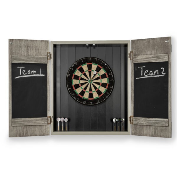 Rustic Barndoor Gray Dartboard Cabinet - Basements and Backyards